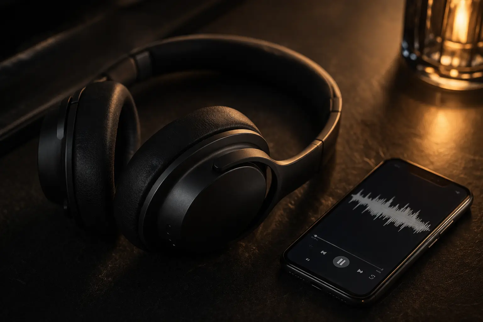 Premium wireless headphones resting beside a smartphone — the two main tools for audiobook listening