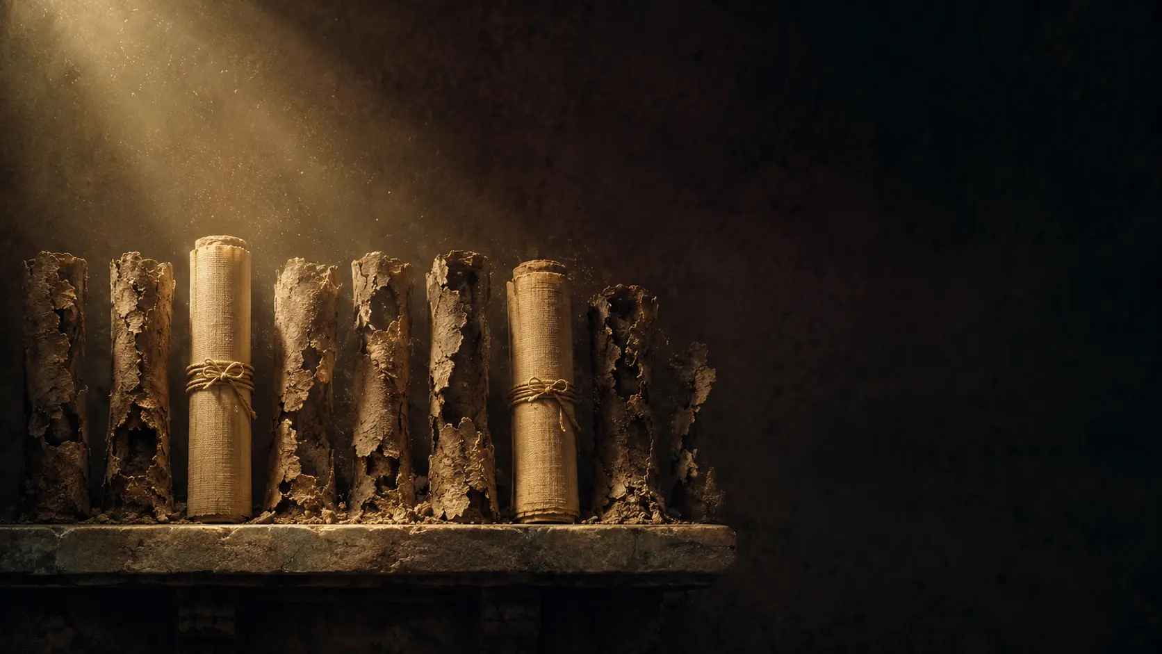 Ancient papyrus scrolls of the Trojan Cycle, two intact and six crumbling